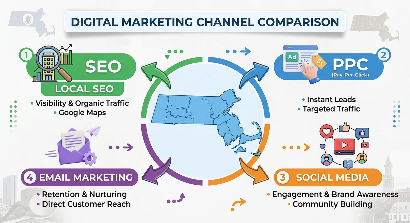 digital marketing channels comparison for choosing channels for a Massachusetts business